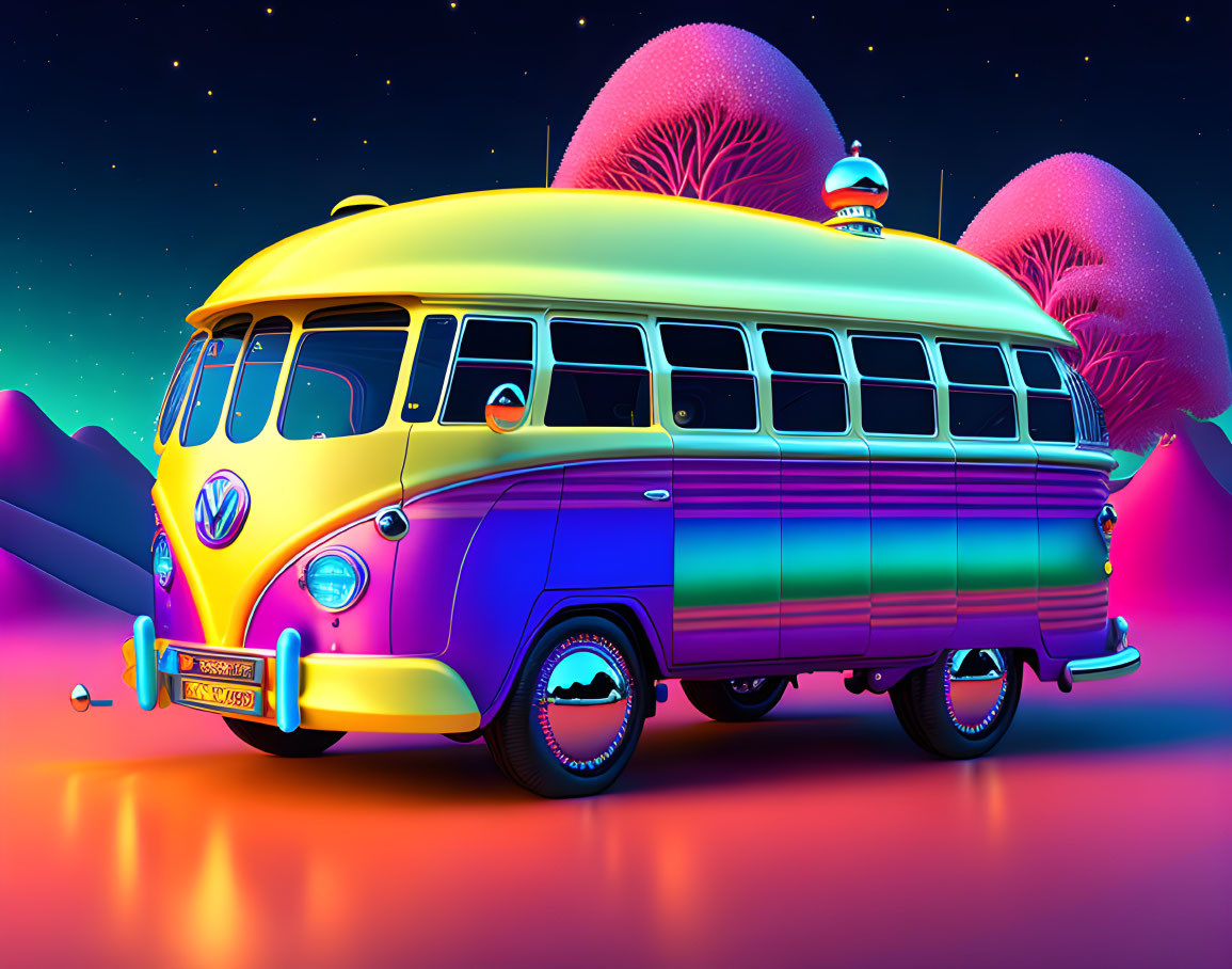 Colorful Vintage Volkswagen Bus with Surfboard Under Fantasy Twilight Sky
