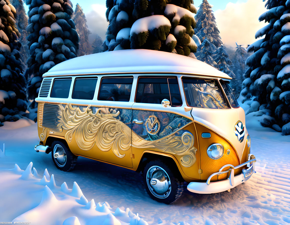 Vintage Golden VW Bus with Intricate Designs in Snowy Forest