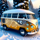 Vintage Golden VW Bus with Intricate Designs in Snowy Forest