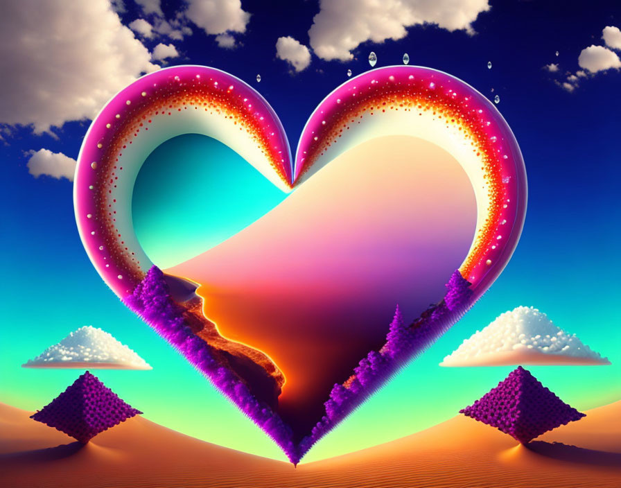 Colorful Heart-shaped Portal Artwork with Sunset Sky and Desert Landscape