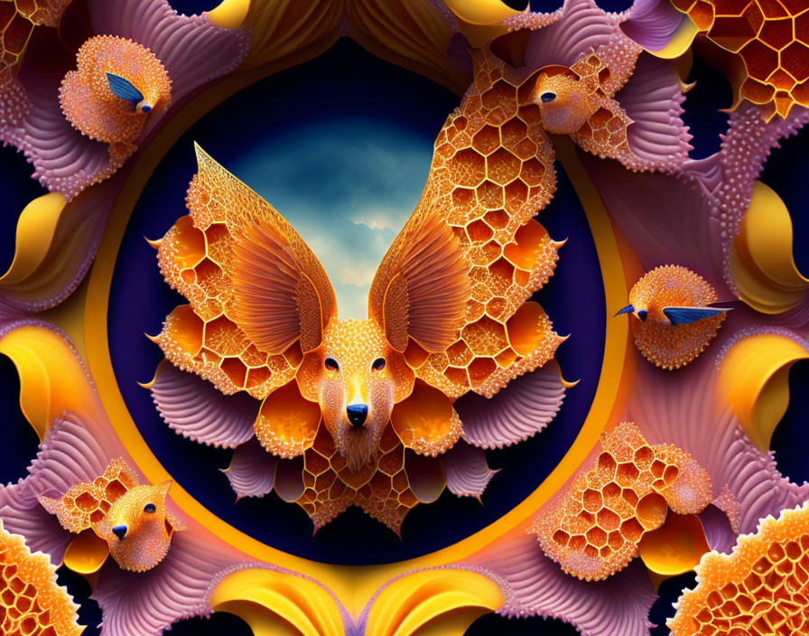 Symmetrical fractal design of foxes, birds, and honeycomb on deep blue sky