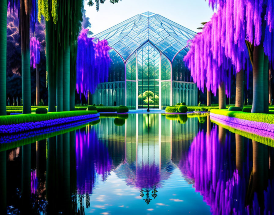 Symmetrical topiaries and vibrant wisteria trees by a glasshouse pond