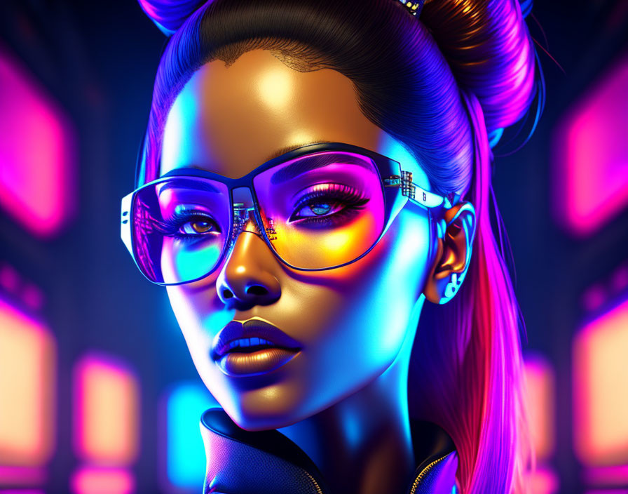 Vibrant neon digital illustration of woman with glasses