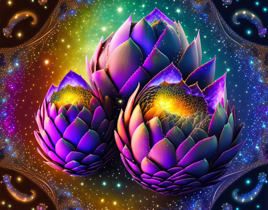 Luminous purple fractal lotus flowers in vibrant space setting