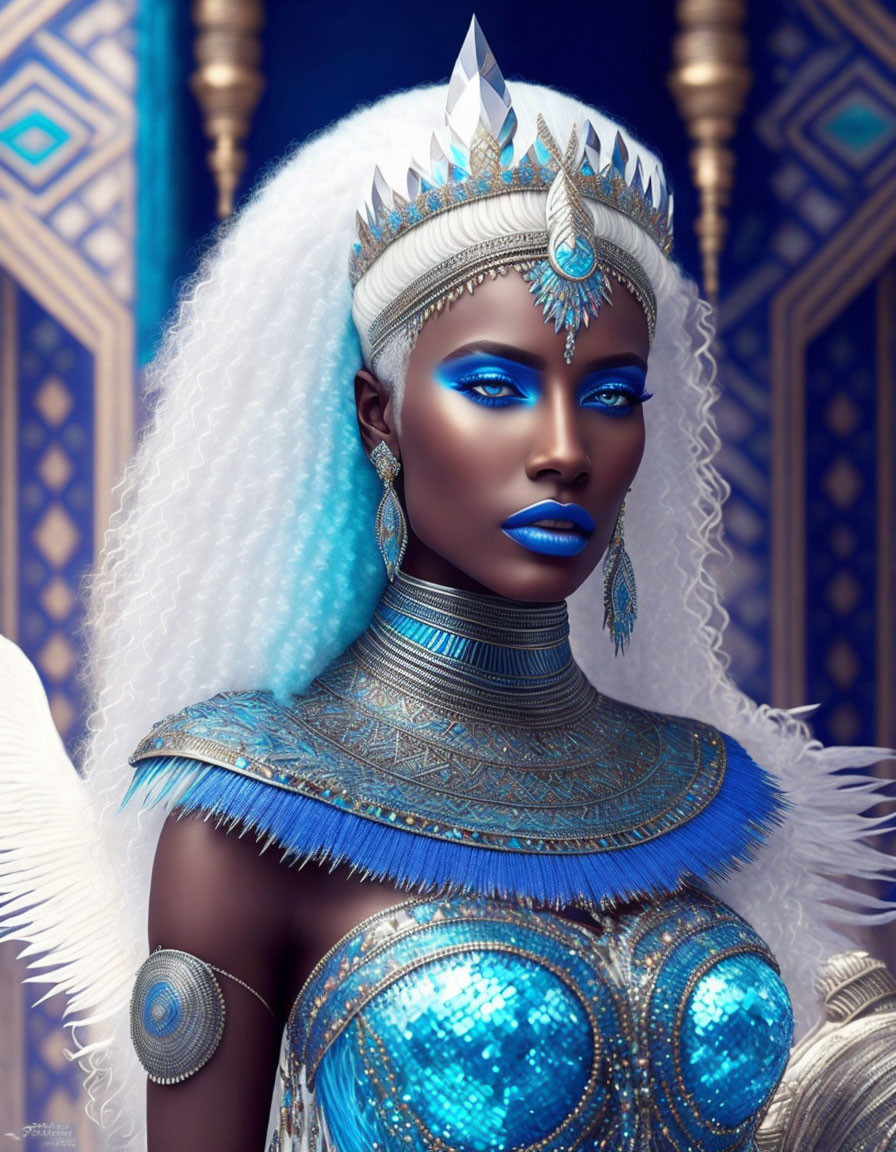 Regal figure in blue and white makeup with crown and armor on blue patterned backdrop