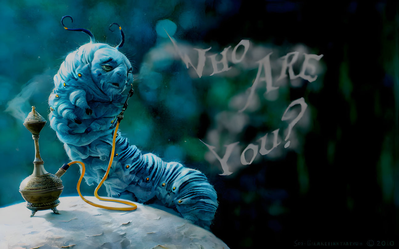 Blue caterpillar with yellow necklace and hookah in misty background with floating words.