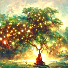 Sunlit grove of intertwined trees in mystical atmosphere with soaring birds