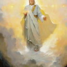 Bearded figure in white robe surrounded by glowing clouds