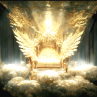 Golden Throne with Radiant Wings in Ethereal Clouds
