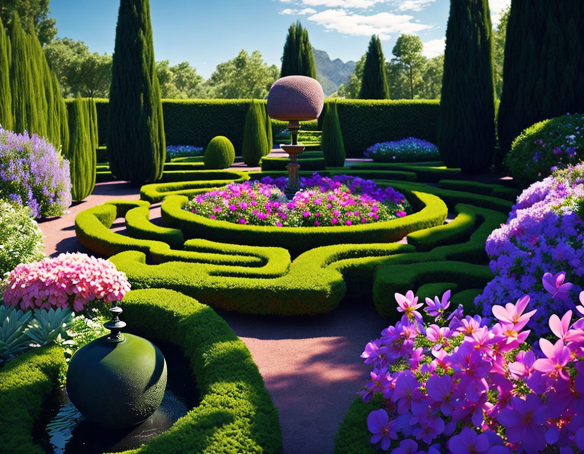 Manicured garden with hedges, flowers, topiaries, and spheres against mountain backdrop
