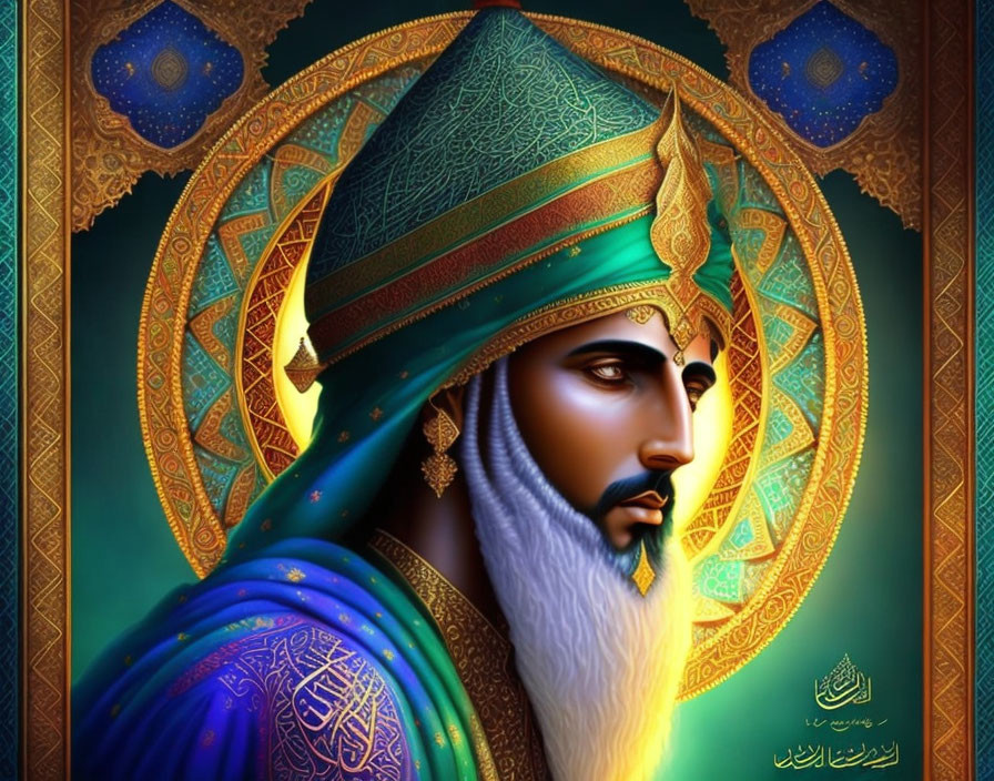 Traditional Middle Eastern Attire with Green Turban and Blue Robe