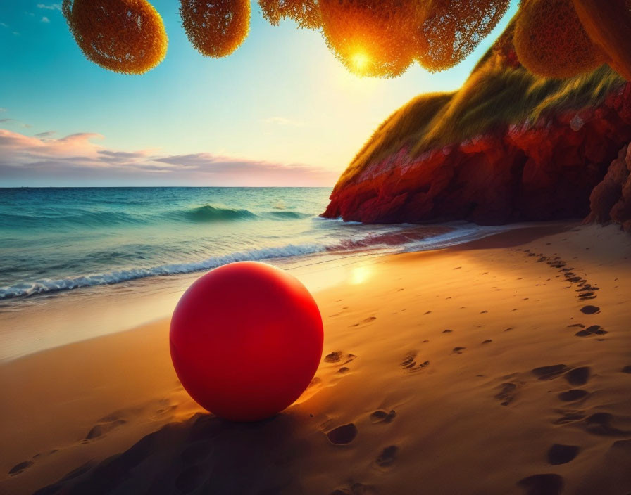 Red sphere on sandy beach at sunset with footprints, beneath golden fluffy tree-like structures on cliff