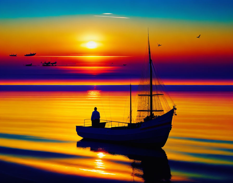 Silhouette of person on sailboat at sunset with birds and distant boats