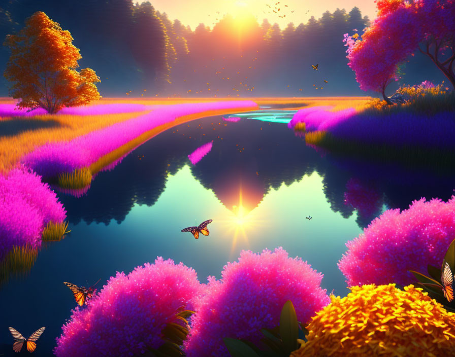 Colorful Fantasy Landscape: Sunset, Reflective River, Blooming Trees, Luminous Grass,