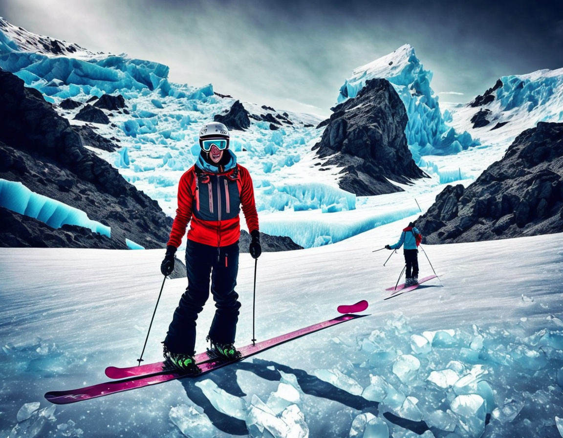 Vibrant blue ice and snow with two skiers on a glacier.