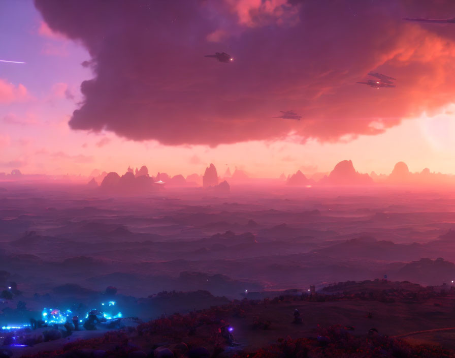 Sci-fi landscape at dusk with purple and pink hues, futuristic structures, flying ships, and cloud-filled
