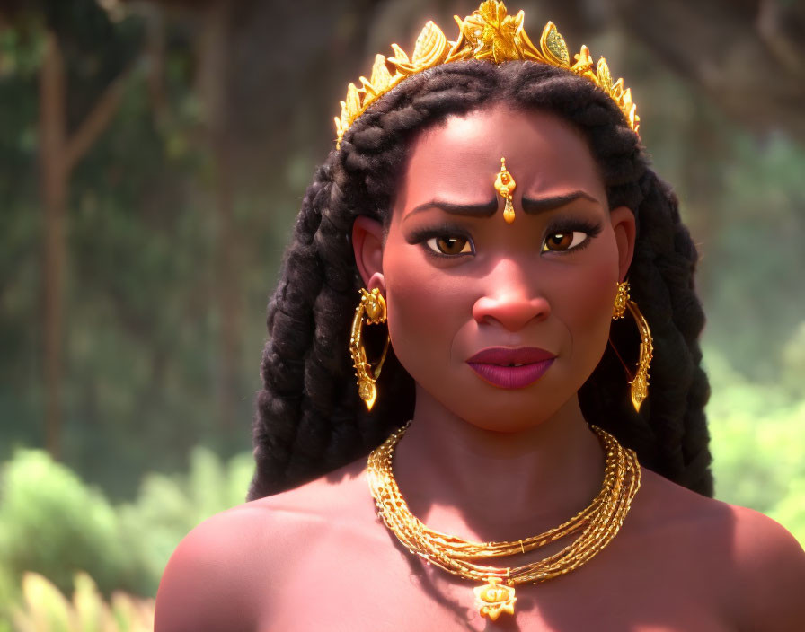 Regal animated character with golden crown, jewelry, braided hair, and forest backdrop