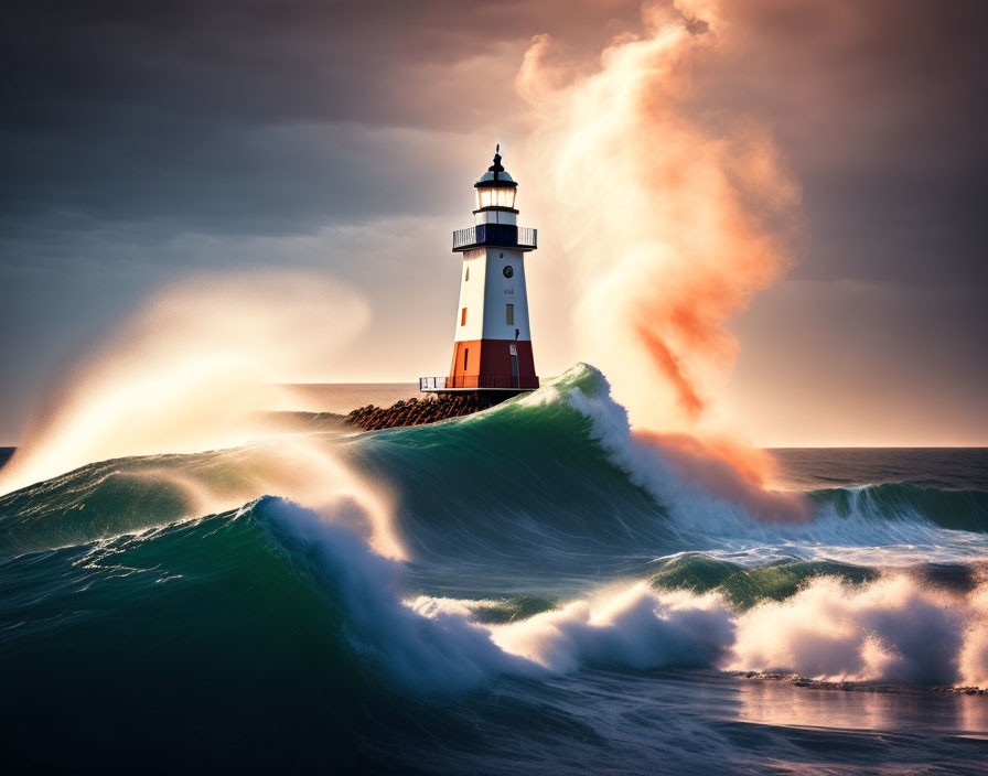 Majestic lighthouse on rocky outcrop with powerful wave and misty sunset