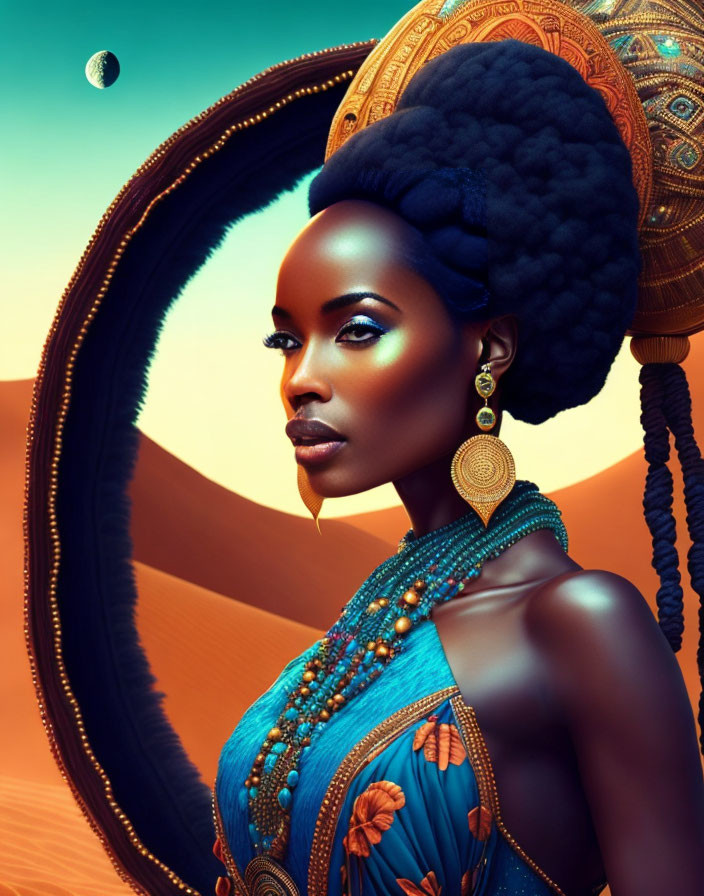 Portrait of Woman in African-Inspired Attire Against Desert Backdrop
