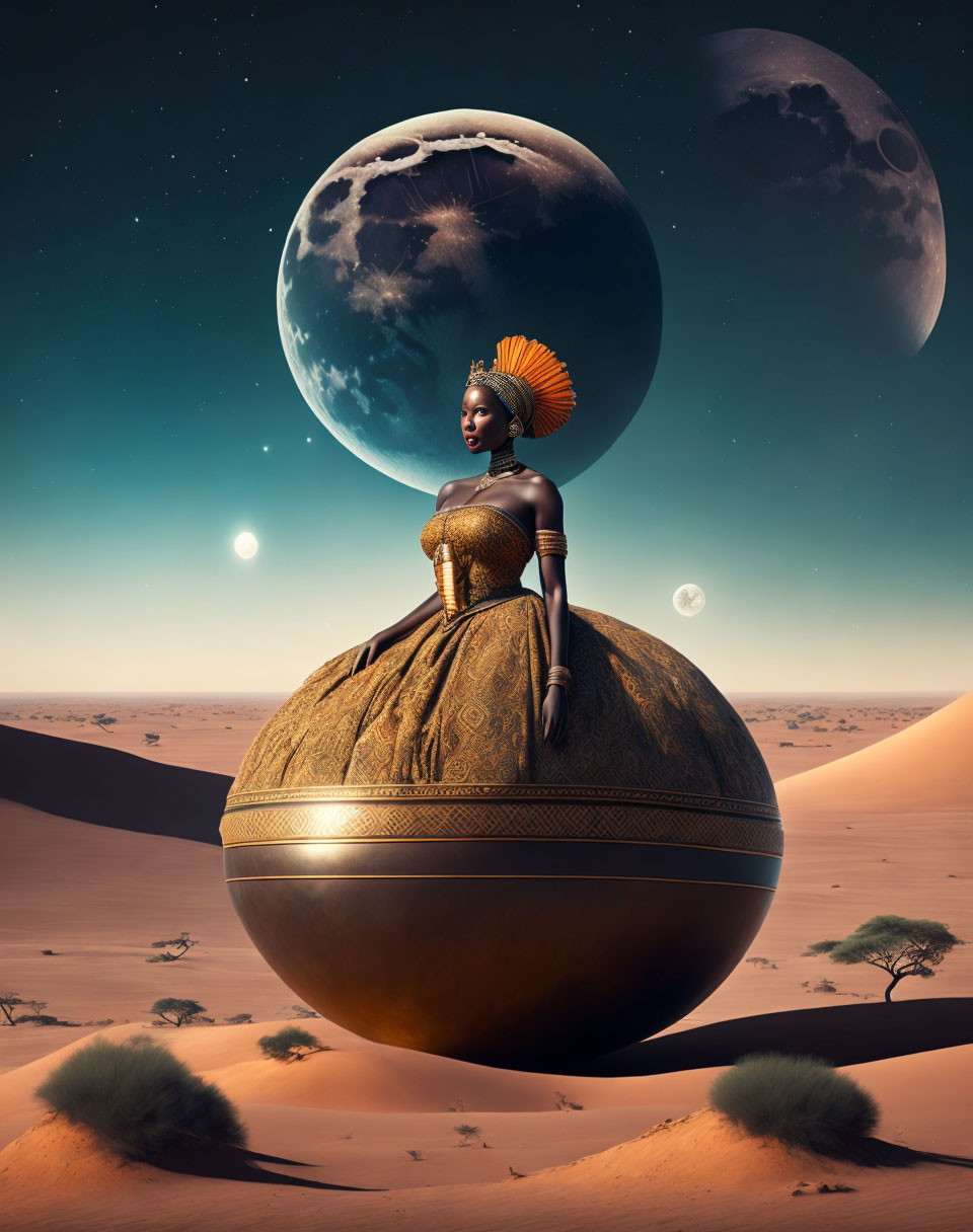 Futuristic African-inspired woman on sphere in surreal desert scene
