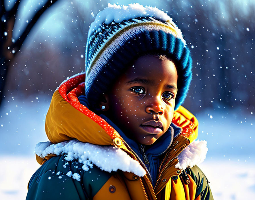 Child in Colorful Winter Attire Standing in Snowy Twilight
