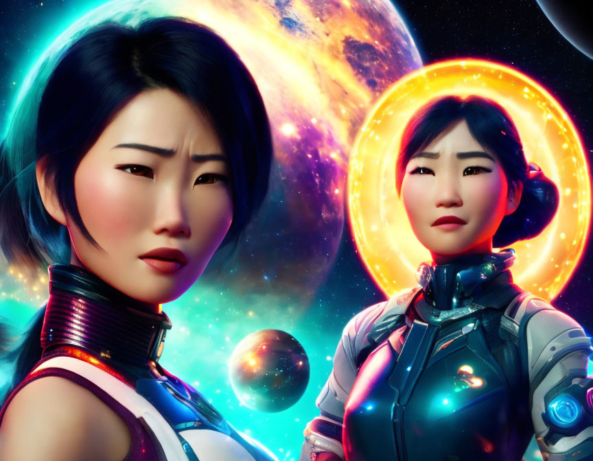 Futuristic female warriors in space suits with celestial backdrop.