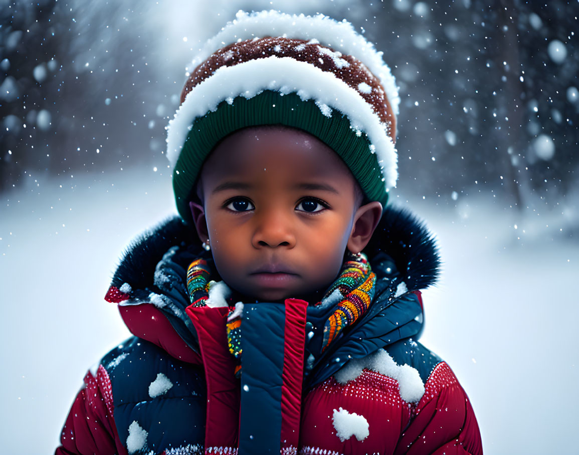 Child in Colorful Scarf Stands in Snowfall