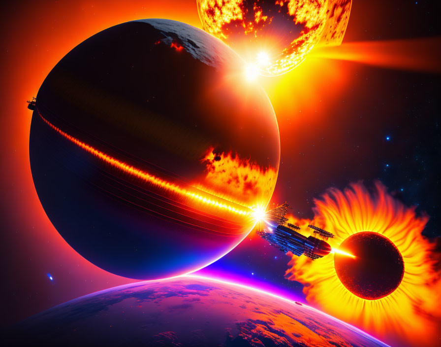 Large planet, glowing space-ships, solar flares in space scene