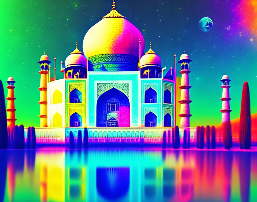 Colorful Taj Mahal Illustration with Neon Tones and Starry Sky