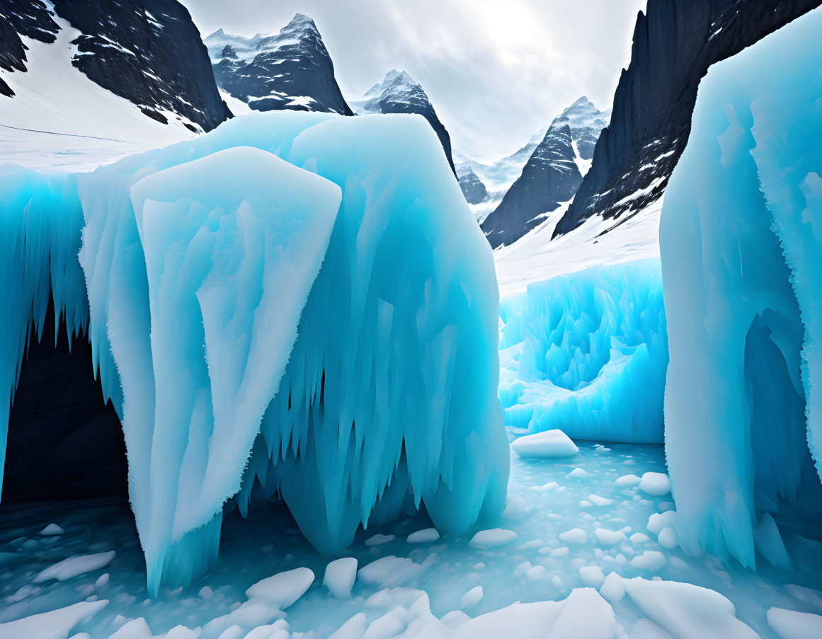 Majestic blue ice cave with icicles in snowy mountain landscape