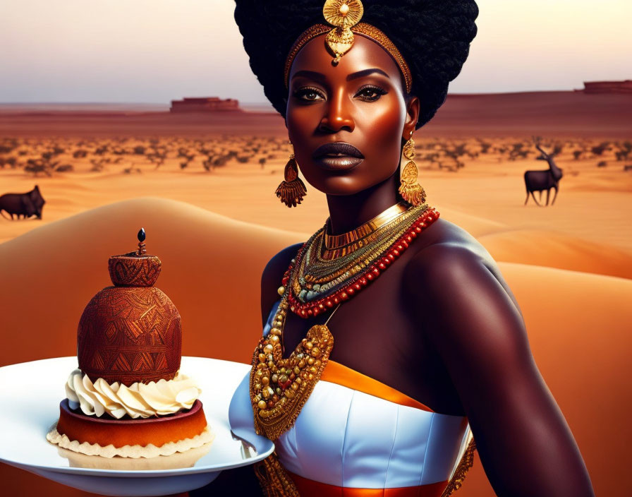 Illustration of woman with intricate hair and jewelry holding a cake in desert with buffalo