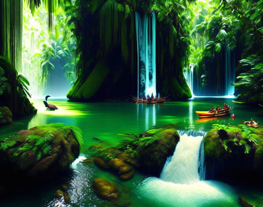 Tropical jungle with waterfalls, canoe on river, lush foliage