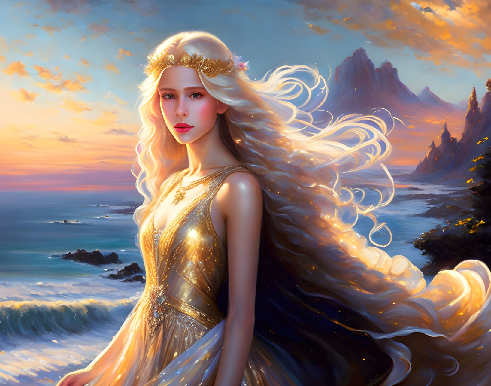 Golden-haired woman in ornate crown by sea at sunset