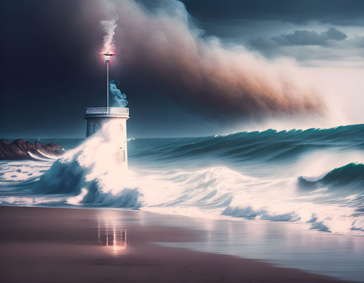 Lighthouse on shore with turbulent waves and dramatic sky