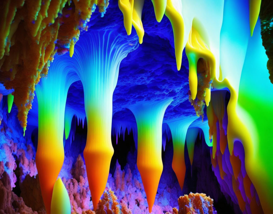 Colorful Psychedelic Cave Formations in Blues, Yellows, and Greens