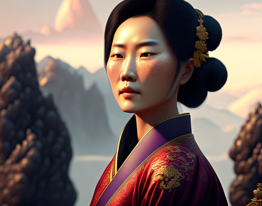 Asian woman in traditional attire with mountains in 3D render