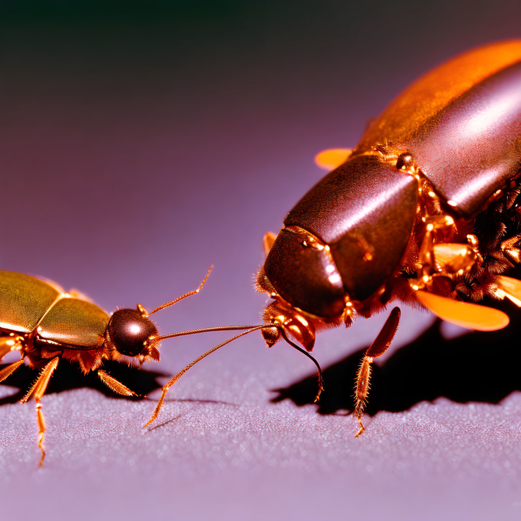 Shiny beetles on purple background with detailed textures
