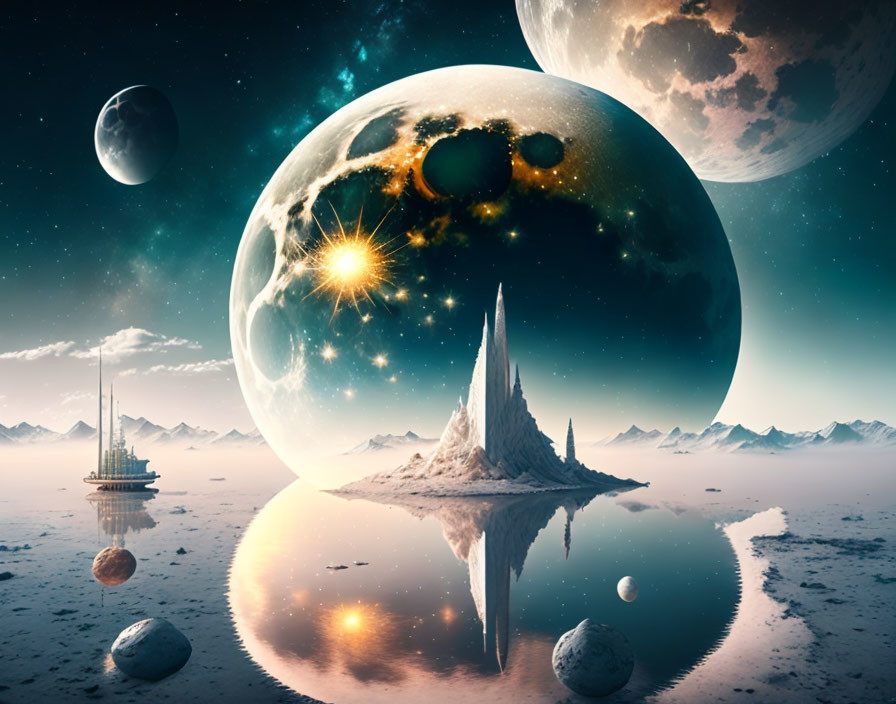 Surreal landscape with reflective surface, space bodies, futuristic tower, mountains, spire-like rock