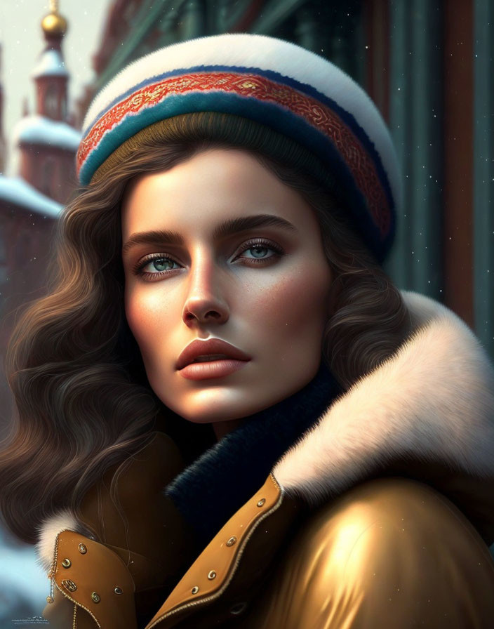 Portrait of woman with wavy brown hair, green eyes, white and red headband, fur coat