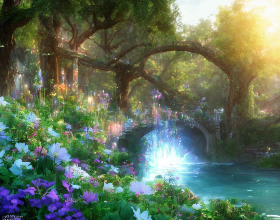 Enchanted forest with sparkling river, stone bridge, ancient trees, vibrant flowers
