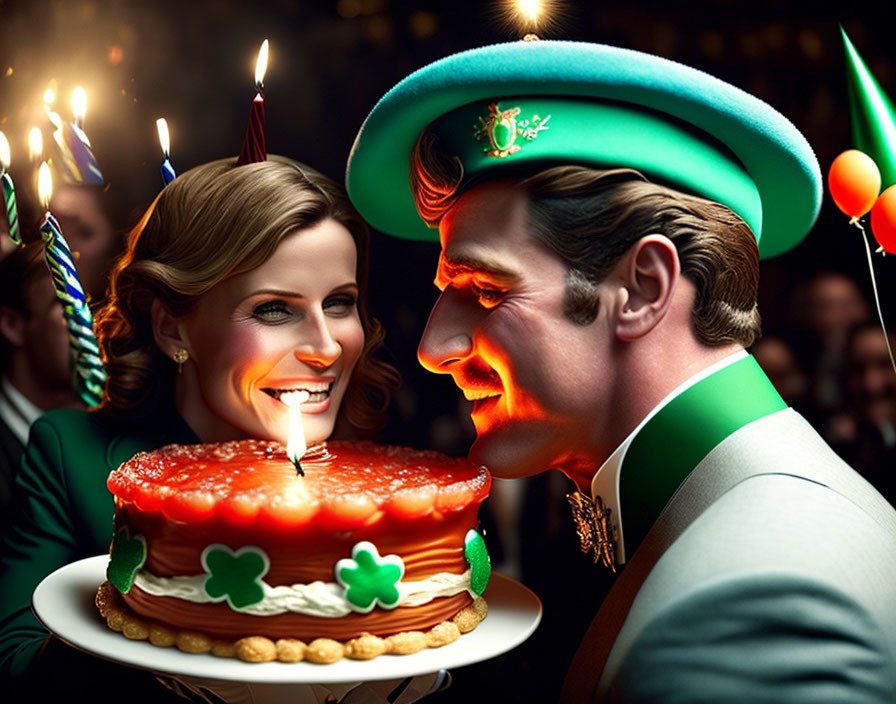 Man and woman with green hat and candle on St. Patrick's cake at festive party