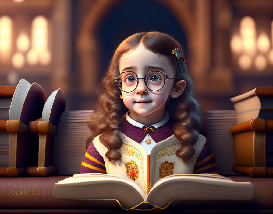 Young girl with glasses and braided hair in school uniform reading in library