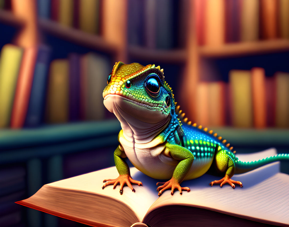 Vibrant gecko on open book with library shelves background