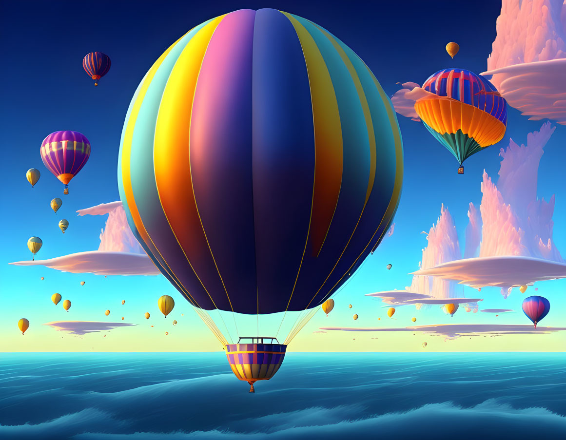 Vibrant hot air balloons over serene sea and pastel cliffs