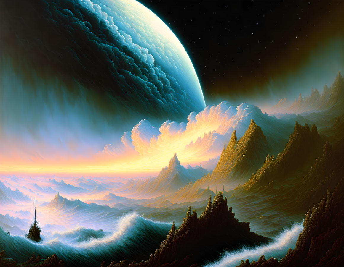 Surreal landscape with misty mountain peaks and giant planet under starry sky