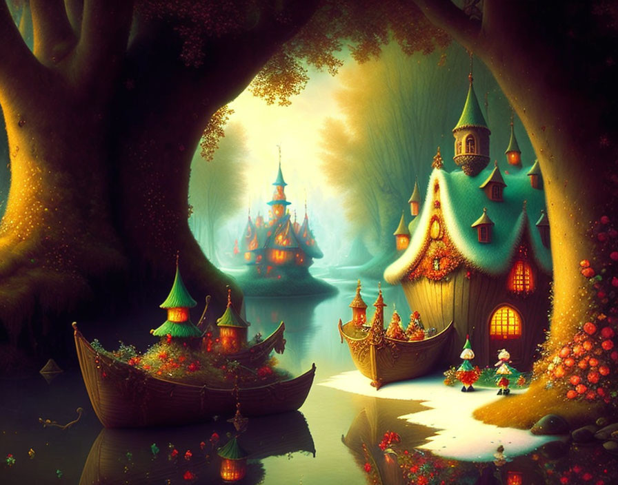 Fantasy forest with whimsical houses, castles, boats, colorful trees, and magical light