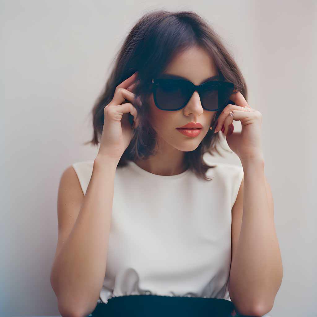 Short-haired woman in sunglasses holding shades, white top, looking sideways on light background