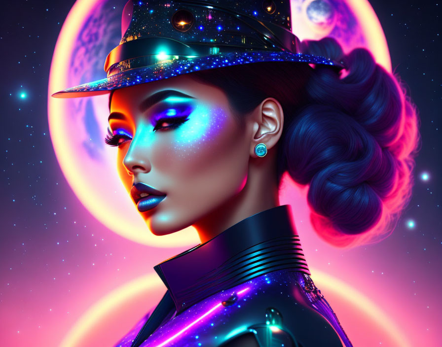 Futuristic woman with galaxy-themed makeup and starry hat