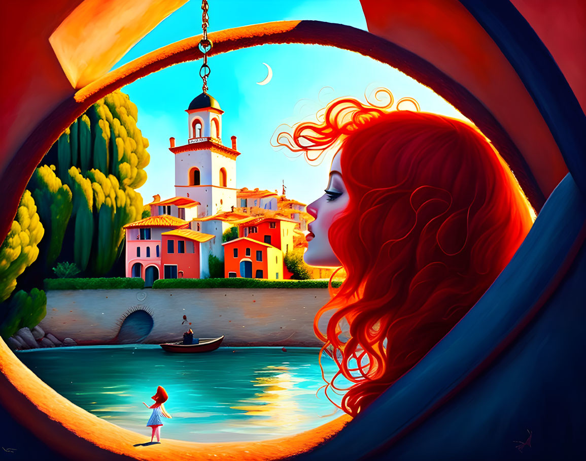 Illustration of red-haired woman in circular frame overlooking town with tower, boat, and figure.