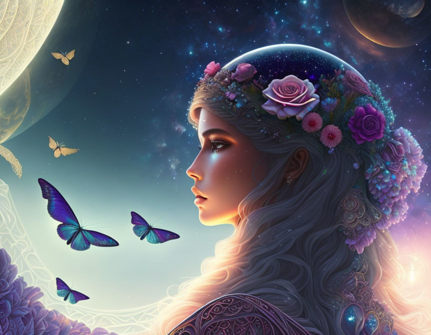 Illustration of woman with flowers, butterflies, and cosmic background